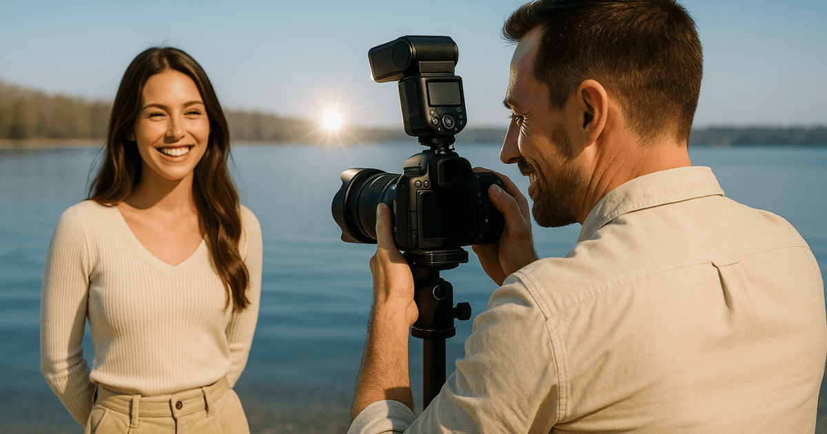 日中ストロボで写真撮影をしている男性