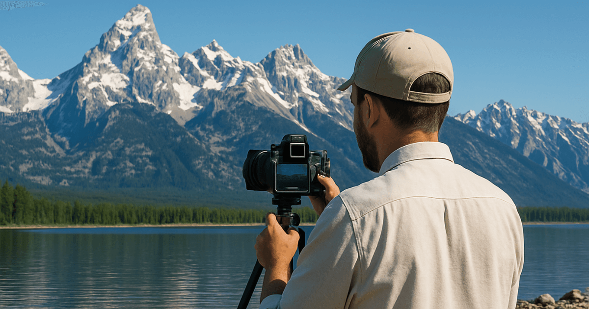 全体にピントを合わせてパンフォーカスで写真撮影する男性