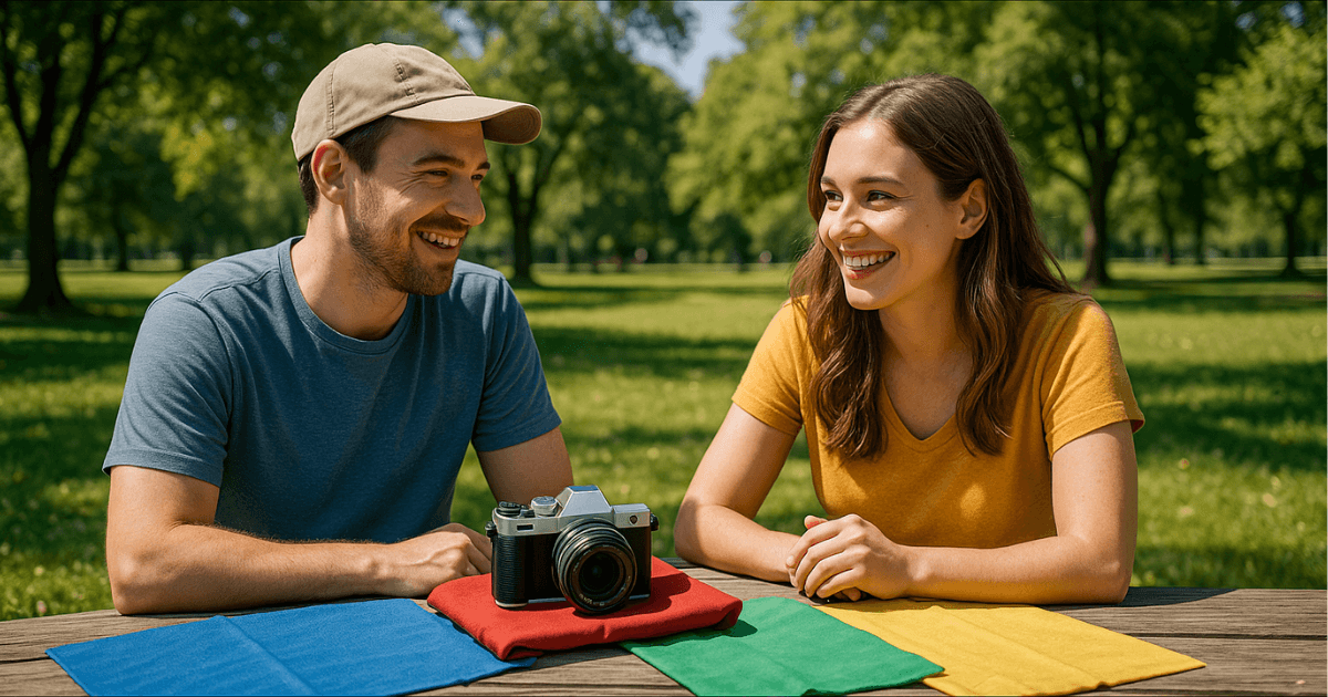 男性と女性がカメラについて会話している