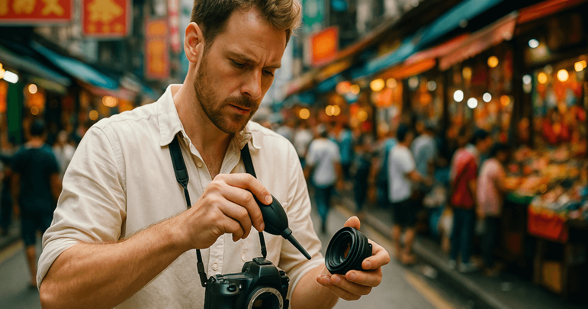 カメラをカメラブロワーで掃除している男性