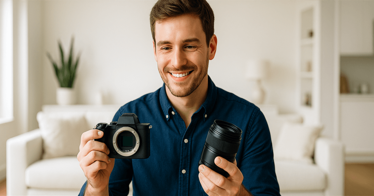 カメラとレンズを持っている男性