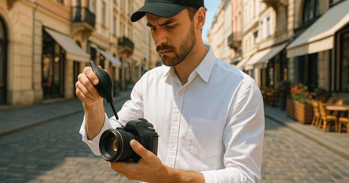 カメラブロワーでカメラの埃を吹き飛ばしている男性