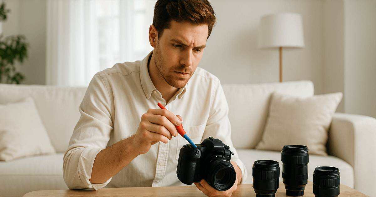 カメラブロワーでカメラを掃除している男性