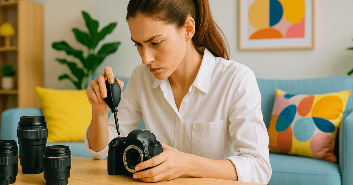 カメラブロワーでカメラを掃除している女性