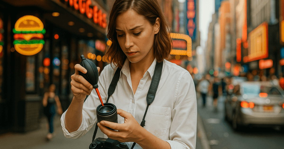 カメラブロワーでカメラを掃除している女性
