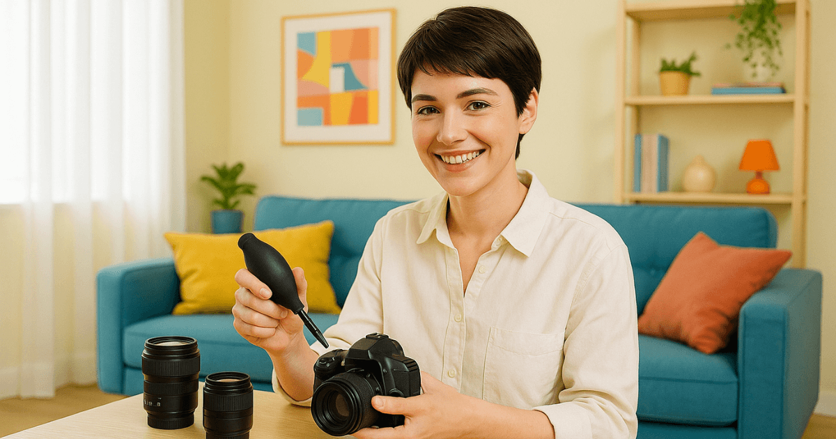 カメラブロワーでカメラを掃除する女性