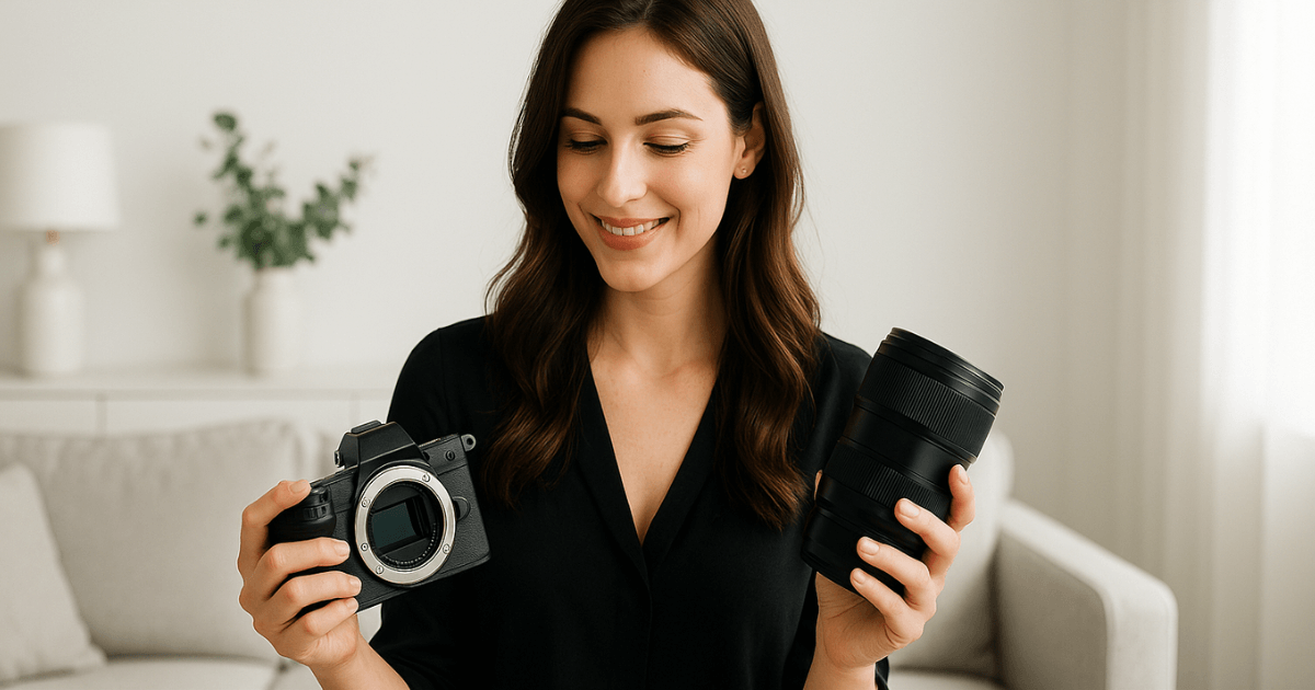 カメラとレンズを見ている女性