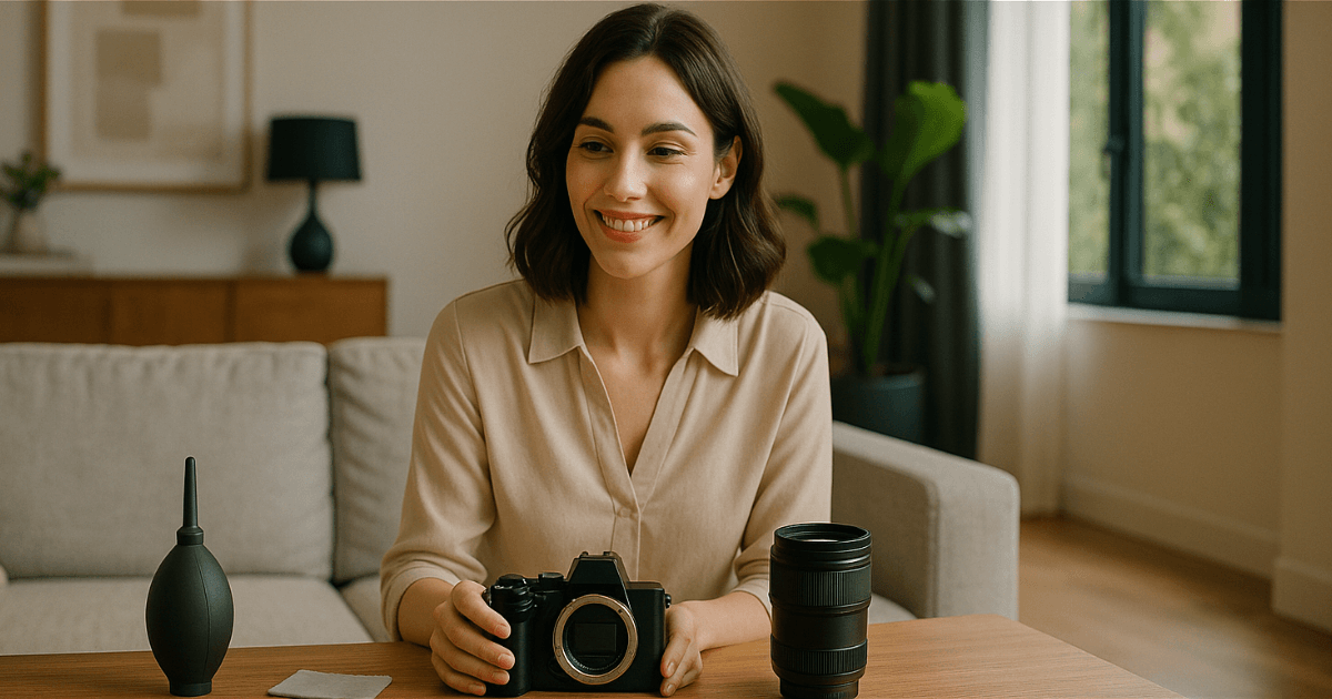 カメラをくりーにんぐしている女性