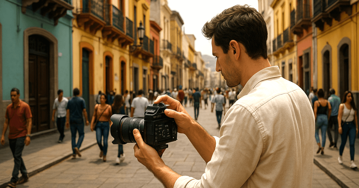 カメラの露出調整をしている男性