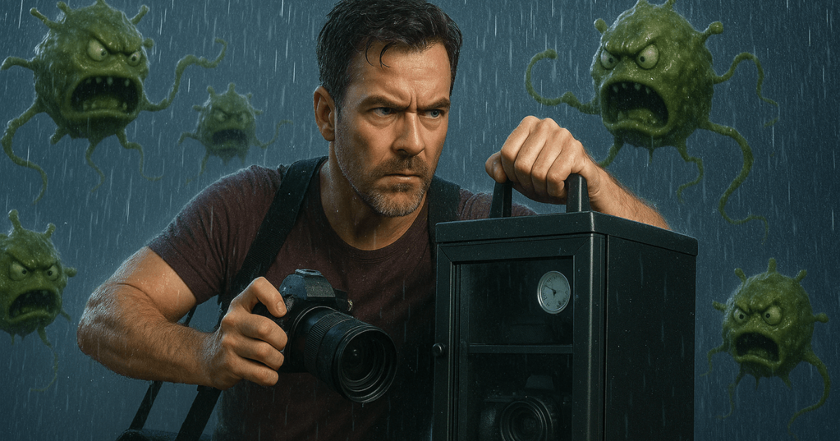 カビや湿気からカメラを守る男性