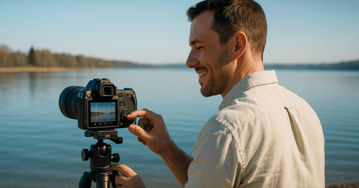 デジタルカメラの縦横比を変更する男性