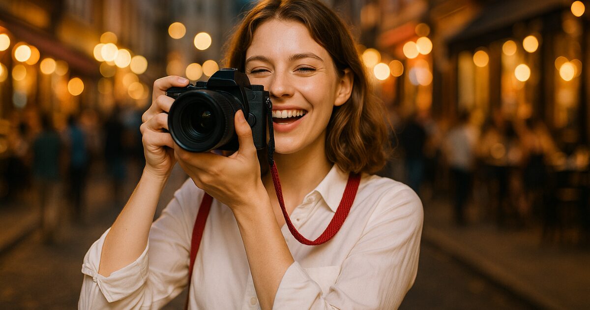 デジタルミラーレス一眼カメラで夜景を撮影している女性