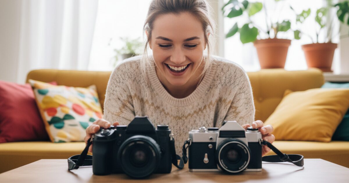 デジタルカメラとアナログカメラを見つめる女性