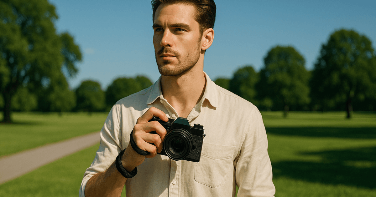 カメラストラップを手に巻き付けて持つ男性