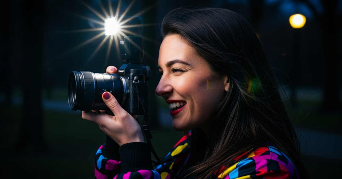 夜にミラーレス一眼でストロボ撮影している女性