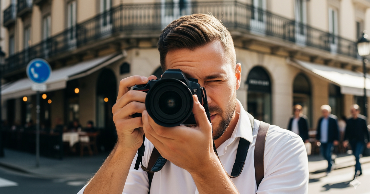 カメラのファインダーを片目を閉じて覗く男性