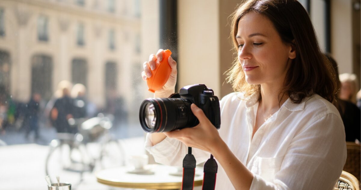 カメラとレンズにブロワーを吹きかけている女性