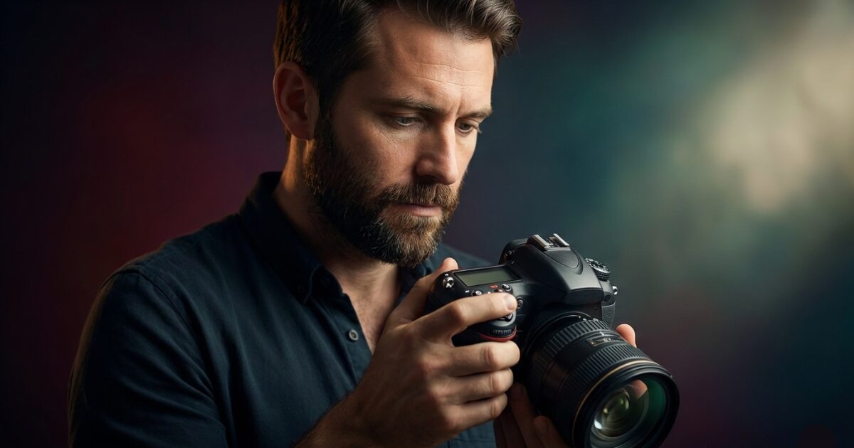 カメラの露出補正を行なっている男性