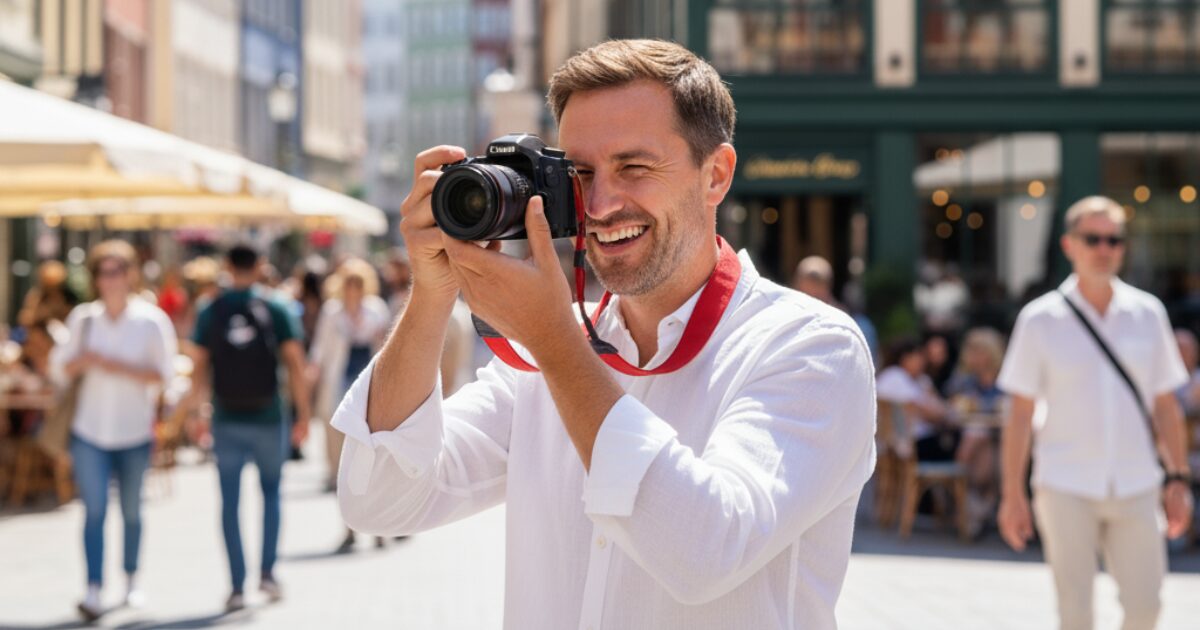 ミラーレス一眼カメラでスナップ写真を撮影する男性