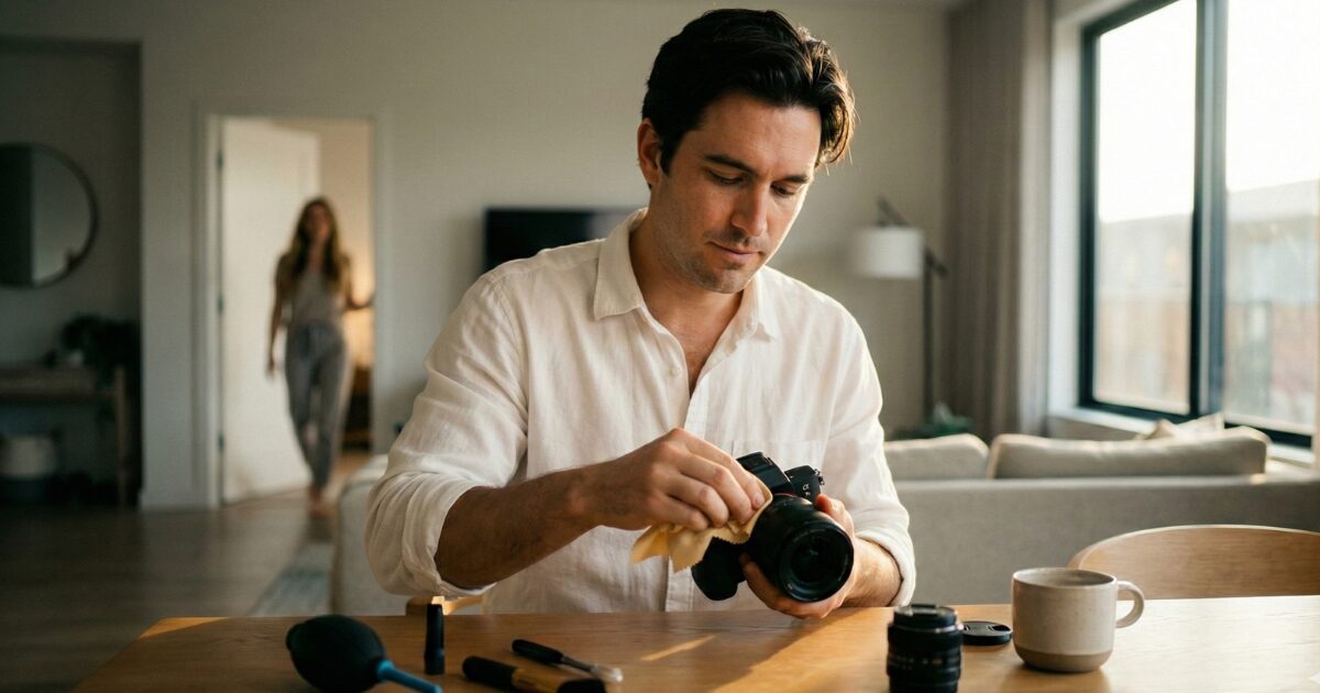 ミラーレス一眼カメラをメンテナンスとクリーニングをしている男性