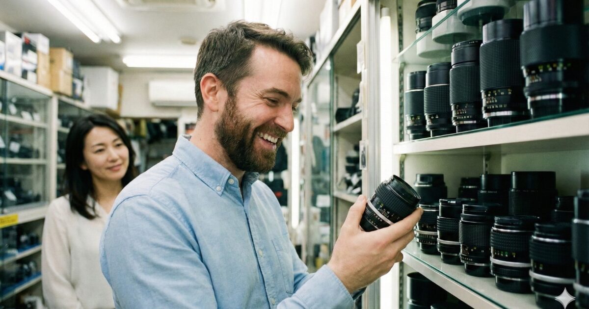 中古カメラショップで中古レンズをチェックする男性