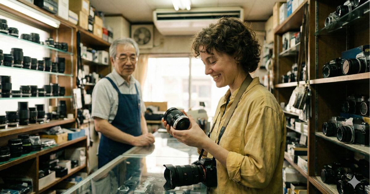 中古カメラショップで中古レンズをチェックする女性