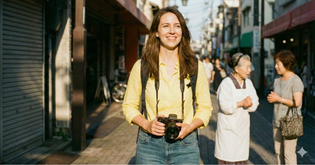 商店街をスナップ撮影する女性