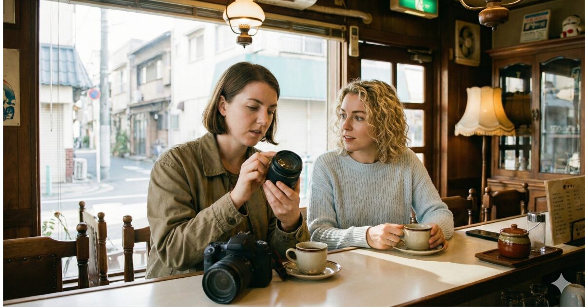 カメラレンズをチェックしている女性