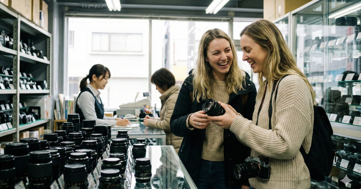 中古カメラショップで中古レンズを選んでいる女性たち