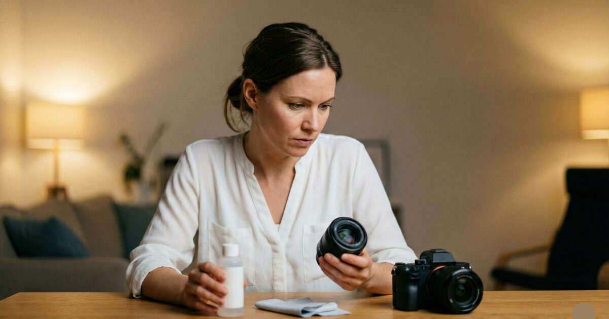 カメラレンズをアルコールでクリーニングしているo女性