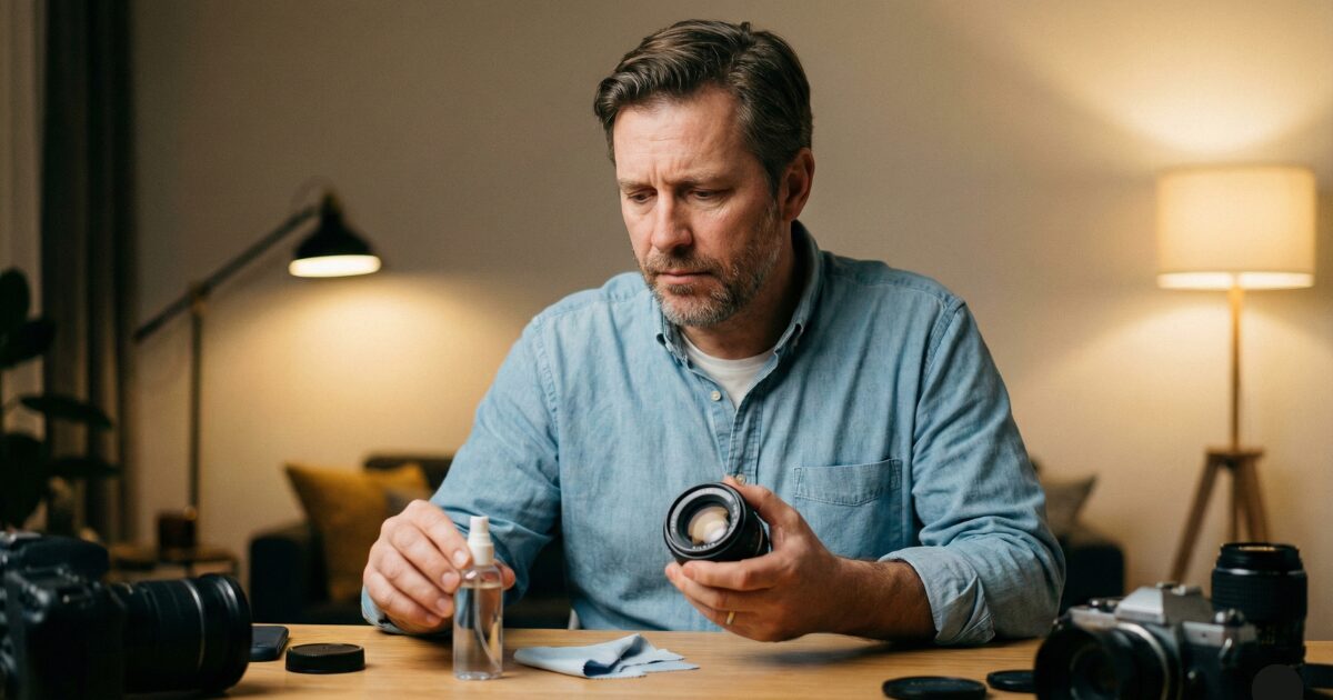 カメラレンズをアルコールでクリーニングしている男性