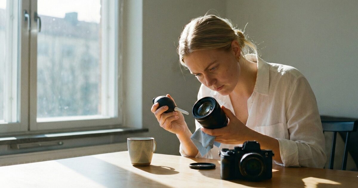 カメラレンズをブロワーでクリーニングしている女性