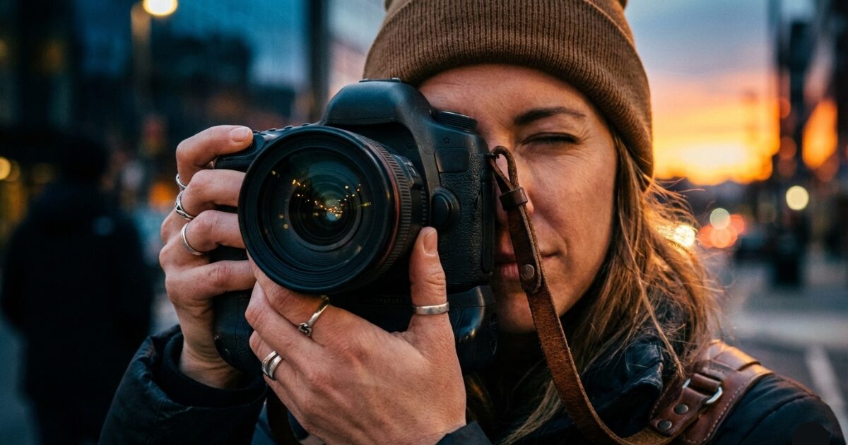 カメラの露出補正の仕組みを理解し写真撮影している女性