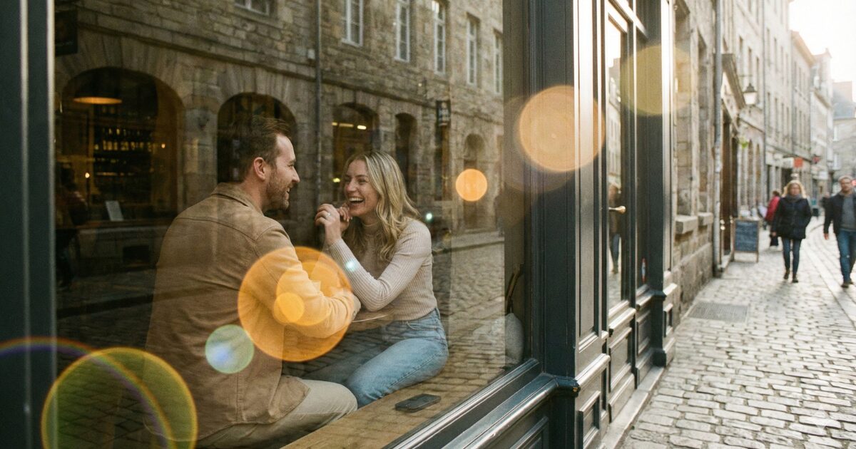 カフェで会話を楽しむ男女のスナップ写真。ゴーストが写り込んだスナップ写真