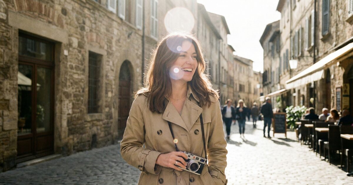 街を散歩しながらスナップ撮影する女性