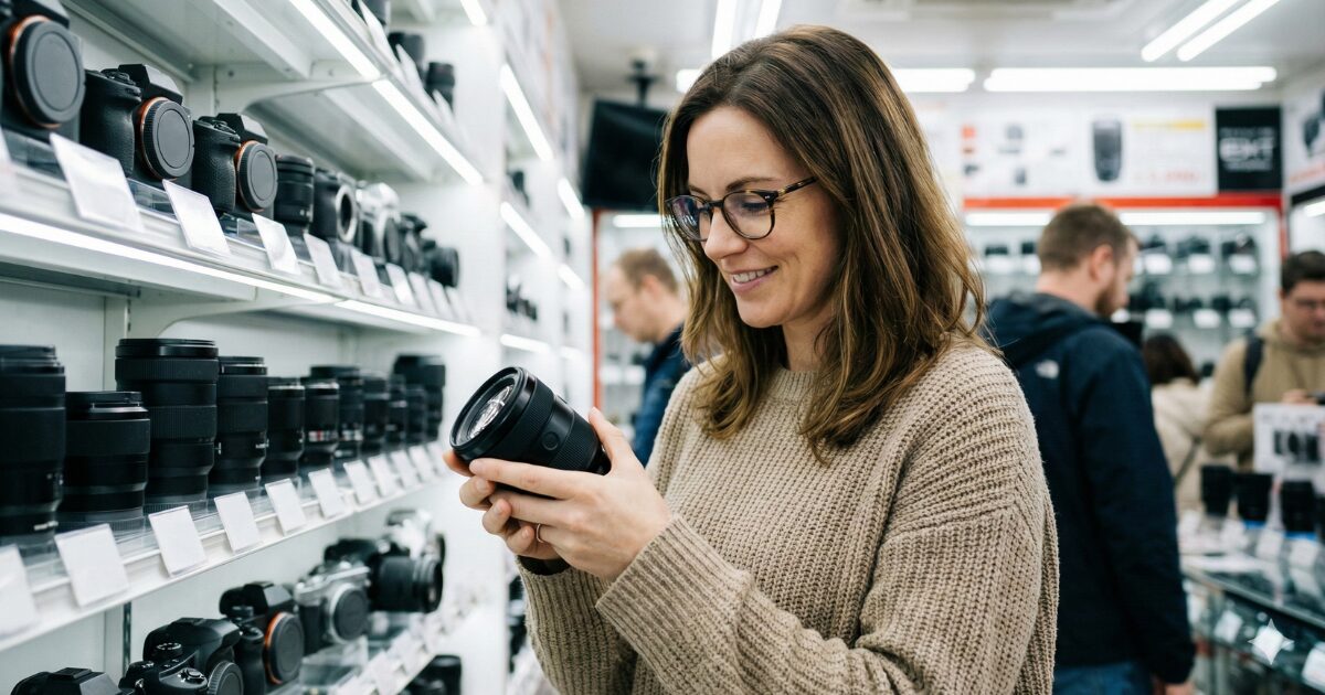 カメラレンズを選んでいる女性