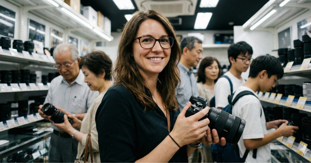 ミラーレス一眼カメラを試用する女性