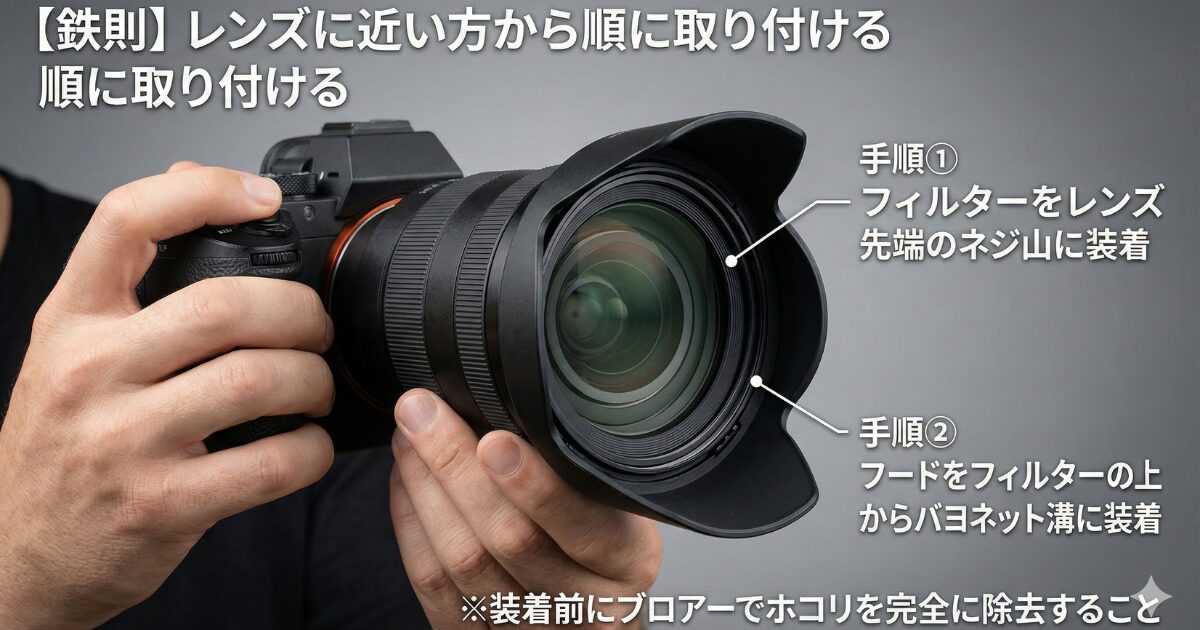 レンスフィルターとレンズフードの取り付け方法と順番