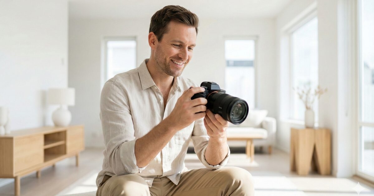 ミラーレス一眼カメラを眺める人